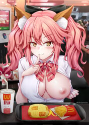 animal_ear_fluff animal_ears areola bangs blush bow bowtie brand_name_imitation breasts chrisandita closed_mouth collared_shirt cup disposable_cup exhibitionism eyebrows_visible_through_hair fate/grand_order fate_(series) finger_to_mouth food fox_ears french_fries index_finger_raised indoors large_breasts long_hair looking_at_viewer mcdonald's naughty_face nipples no_bra one_breast_out open_clothes open_shirt oppai_challenge pink_hair self_exposure smile solo_focus tamamo_no_mae_(fate) tray twintails upper_body yellow_eyes