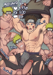 4boys abs armpit_hair armpits arms_behind_head balls bara big_penis black_eyes blonde_hair blue_eyes boner brown_hair bulge cocky daddy erection eroskun facepaint forehead_protector fraternity gangbang gay grin group group_sex headband heavy_balls inuzuka_kiba lad large_penis male male/male male_only manly multiple_boys multiple_males muscles muscular muscular_male naked naruto naruto_(series) naruto_shippuden nipples nude nude_male orgy pecs penis reverse_cowgirl_position ripped_clothing sitting sitting_on_penis sitting_on_person straddling teeth testicles tongue tongue_out topless uncensored undressing uzumaki_naruto whisker_markings whiskers yaoi