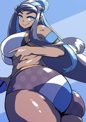 1girls ass big_ass big_breasts blue_eyes blue_hair bottom_heavy dark-skinned_female dark_skin earrings female female_only huge_ass huge_breasts huge_thighs human large_ass large_breasts long_hair nessa_(pokemon) nintendo pokemon pokemon_ss shorts solo thick_ass thick_thighs thighs tight_shorts two_tone_hair yu02j0