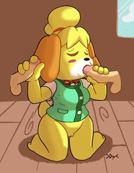 2020 animal_crossing canid canid_humanoid canine darkpatito double_handjob fellatio isabelle_(animal_crossing) nintendo pussy