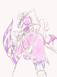 anthro ass breasts claws eyewear fan_character female fur genitals glasses hi_res horn kaiju open_mouth open_smile pink_body pink_eyes pussy simple_background smile solo sugarbeasts-07 white_background white_body white_fur wings