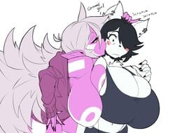 anthro bewbchan black_claws breast_press furry kiss maggie_applebee pink_skin sharp_fingernails tagme zeezee_(bewbchan)