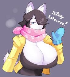 1girls anthro big_breasts cleavage furry huge_breasts maggie_applebee mittens nipple_bulge pink_scarf tagme theycallhimcake