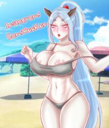 beach big_breasts big_butt bikini_bottom boruto:_naruto_next_generations breasts naruto naruto_(series) naruto_shippuden nipples otsutsuki_kaguya pink_nipples rabbit samiruukun shy thick_thighs tied_hair white_hair white_skin wide_hips