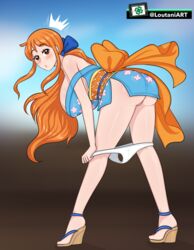 1girls big_breasts blush breasts brown_eyes clothing dress female female_only going_commando light-skinned_female light_skin looking_at_viewer loutaniart nami_(one_piece) no_bra no_panties onami one_piece orange_hair orange_hair_female panties panties_down ponytail removing_panties shoes solo solo_female solo_focus surprised tagme wano_country wedge_heels