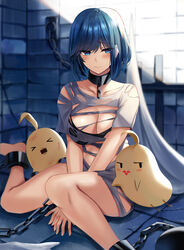 azur_lane big_breasts bird blue_eyes blue_hair chapayev_(azur_lane) clevage collar female female_focus jail jail_cell light_clothing only_female short_hair shy sole_female steel_bound tagme tagme_(artist) weird_bird