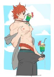 0vv0b 1boy bubble_tea_challenge cum cum_through_clothes drinking erection fire_emblem fire_emblem:_three_houses glass holding_penis male male_only muscles muscular muscular_male nintendo orange_eyes orange_hair precum precum_drip precum_string precum_through_clothing shirtless solo sunglasses swimsuit sylvain_jose_gautier sylvain_jose_gautier_(summer) tongue tongue_out topless