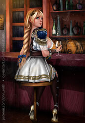 alcohol bar barstool blonde_hair blue_eyes breasts clothed high_heels john_reith keg kneehighs large_breasts looking_back milf pleated_skirt shoulder_armor sideboob single_braid sitting skirt smoke solo_female sophitia_alexandra soul_calibur stool thebeast1980 wine