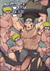 4boys abs armpit_hair armpits arms_behind_head balls bara big_penis black_eyes blonde_hair blue_eyes boner brown_hair bulge erection eroskun facepaint fishnet_shirt forehead_protector gangbang gay grin group group_sex headband inuzuka_kiba large_penis male male/male male_only multiple_boys multiple_males muscles muscular muscular_male naked naruto naruto_(series) naruto_shippuden nipples nude nude_male orgy pecs penis reverse_cowgirl_position ripped_clothing shirtless sitting sitting_on_penis sitting_on_person straddling teeth testicles tongue tongue_out uncensored undressing uzumaki_naruto whisker_markings whiskers yaoi