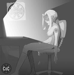 1girls ahe_gao animated artist_request black_and_white blonde_hair blush computer cum cum_drip dripping_pussy drooling fucked_silly glasses laptop masturbation mind_control naked no_color nude nude_female ponytail pussy_juice tattoo tech_control wet_pussy