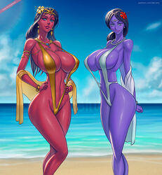 2girls a_princess_of_mars armlet beach black_hair blue_eyes bracelet dejah_thoris derushy flower_in_hair huge_breasts john_carter_of_mars long_hair original_character pearl_necklace pink_skin purple_skin seaside sling_bikini voluptuous