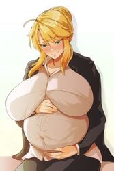 41_(taskmaster41) artoria_pendragon artoria_pendragon_(lancer) black_coat black_pants blonde_hair blushing braid coat fate/grand_order fate_(series) female hair_between_eyes holding_stomach huge_belly huge_breasts pants pregnant ready_to_pop sitting smile solo white_background white_shirt