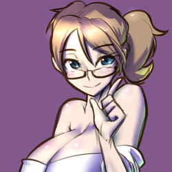 breasts brown_hair glasses looking_at_viewer nezbot original ponytail tagme