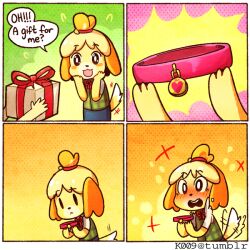 1girls 2d animal_crossing anthro blush canine collar collar_tag delayed_reaction dog excited fur furry gift gift_box heart_tag horny horny_female humor imminent_petplay implied_petplay isabelle_(animal_crossing) k009 nintendo office_lady realization smile tailwag unseen_character year_request yellow_fur