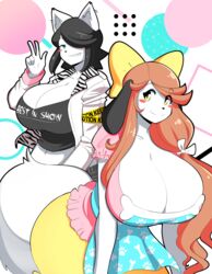 anthro apron black_hair brown_hair cleavage dog_ears furry holly_applebee huge_breasts maggie_applebee mother_and_daughter tagme theycallhimcake