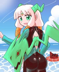 1girls ass atruum baitousagi beach circlet dat_ass dragon dragon_marked_for_death dragon_wings green_eyes green_scales hair_ornament horn horns innertube inti_creates long_hair looking_at_viewer looking_back ocean oracle_(dmfd) outside red_eyes smile summer swimsuit white_hair wings