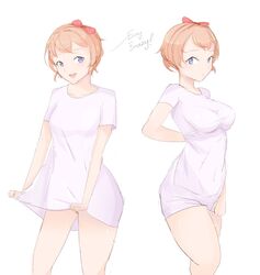 1girls 9_9bird blue_eyes bow clothing doki_doki_literature_club eyebrows_visible_through_hair female hairbow just_sayori kkyz13 looking_at_viewer nightgown orange_hair red_bow sayori_(doki_doki_literature_club) shirt short_hair simple_background thigh_gap thighs