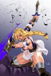 angry blonde_hair bowalia breasts clothed fighting green_eyes long_hair milf muscular muscular_female open_mouth purple_blood shield sideboob single_braid sophitia_alexandra soul_calibur sweating sword teal_eyes