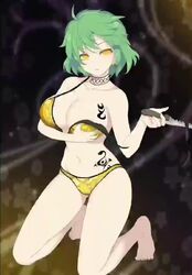 animated bare_shoulders bikini bikini_top breast_tattoo breasts busty green_hair hikage_(senran_kagura) large_breasts self_fondle senran_kagura shaded_face short_hair shoulders snake_print swimsuit tagme tattoo video yellow_bikini yellow_eyes