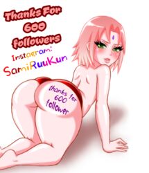 1girls bent_over big_ass big_butt boruto:_naruto_next_generations female from_behind green_eyes huge_ass looking_at_viewer looking_back naked naruto naruto_shippuden panties pink_hair sakura_haruno samiruukun short_hair solo thick_lips thick_thighs topless wide_hips