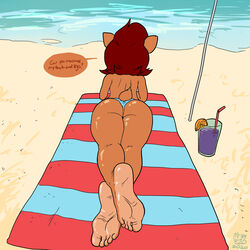 2d anthro archie_comics ass beach big_ass bike_shorts color dialogue drink feet female female_only furry mammal mobian_(species) mrguy820 sally_acorn sega shiny_skin soles sonic_(series) sonic_satam sonic_the_hedgehog_(archie) sonic_the_hedgehog_(comics) sonic_the_hedgehog_(series)