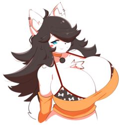 anthro black_hair blue_eyes cleavage furry huge_breasts large_breasts long_hair maggie_applebee orange_collar orange_crop_top tagme theycallhimcake