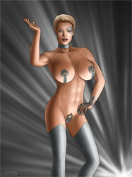 abs alien alternate_version_available areolae borg_(species) celebrity choker collarbone cyborg female high-heeled_jill humanoid implants jeri_ryan large_breasts looking_at_viewer navel nipple_tassels pasties patreon_username pose ribs seven_of_nine solo star_trek star_trek_voyager starfleet_insignia stockings stripper thong_only