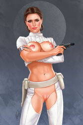 1girls actress areolae arms_crossed attack_of_the_clones belt blaster breasts brown_hair casual celebrity clothed clothed/nude clothing crotchless erect_nipples erotic_earth female female_only firearm functionally_nude functionally_nude_female gun human large_breasts looking_at_viewer lost_clothes milf natalie_portman nipples padme_amidala pale_skin pants presenting pussy real_person realistic rzhevskii shaved_pussy showing_off solo star_wars vagina