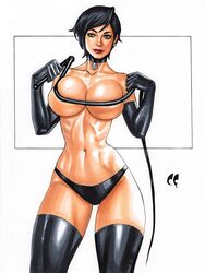 1girls athletic athletic_female batman_(series) big_breasts black_hair breasts busty catwoman choker chris_foulkes cleavage collar collarbone dc dc_comics earrings elbow_gloves female female_focus female_only fit fit_female green_eyes hourglass_figure large_breasts lipstick makeup navel overflowing_breasts panties pendant pinup pose posing ribs selina_kyle short_hair smile solo standing straight_hair thigh_boots topless whip wide_hips