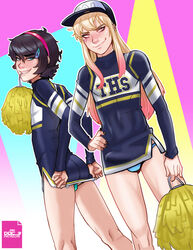 2boys alexis_(andava) andava andavaverse black_hair blonde_hair cheerleader cheerleader_uniform femboy girly hat jade_(dross) light-skinned_femboy male male_focus male_only penis_under_clothes trap