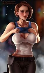 1girls big_breasts blood_stain blue_eyes blush breasts brown_hair capcom cleavage female female_only jill_valentine jill_valentine_(sasha_zotova) large_breasts resident_evil resident_evil_3 resident_evil_3_remake short_hair solo striptease v1mpaler