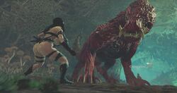 1girls 1monster 3d armor female huge_ass huge_cock monster monster_cock monster_hunter_world odogaron outdoors screencap size_difference watermark zoophilia