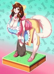 anthro apron bent_over boosterpang cherrikissu furry groceries grocery_bag holly_applebee pink_shoes tagme