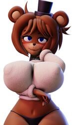 3d arm_behind_head arms_behind_back bear bear_ears belly_button big_breasts black_hat black_nose black_panties black_pants blue_eyes blush breasts brown_hair female five_nights_at_freddy's five_nights_in_anime freddy_(fnaf) lewdporter looking_at_viewer smile smiling underwear