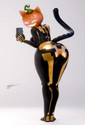 1girls ass ass_focus big_ass cat_ears cat_tail female female_focus female_only fortnite phone pumpkin pumpkin_head selfie skeleton_costume slim_waist smile spice_(fortnite) tagme tail wide_hips