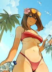 1girls alternate_color ariekochan bikini blue_eyes blush bottle breasts brown_hair closed_mouth female flower gen_3_pokemon hair_flower hair_ornament highres holding holding_bottle looking_at_viewer may_(pokemon) navel nintendo palm_tree pokemon pokemon_(creature) pokemon_rse ralts red_bikini shiny_pokemon smile solo stomach swimsuit tree underboob water_bottle wingull