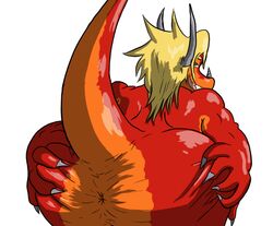 anthro anus ass big_ass big_butt bubble_butt butt_focus dragon drum_bunker_dragon future_card_buddyfight hair horn looking_at_viewer looking_back macro710 male male_only muscular muscular_anthro muscular_male nude presenting presenting_hindquarters rear_view red_body red_skin simple_background smile solo spread_butt spreading thatweirdguy white_background