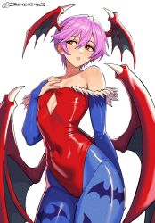 1girls animal_print armpit_crease bare_shoulders bat_print blue_pantyhose blue_sleeves collarbone commentary darkstalkers demon_wings diamond_cutout eyelashes female female_only head_wings highres leotard lilith_aensland off-shoulder_leotard pantyhose parted_lips pink_hair print_pantyhose red_eyes red_leotard seveninks simple_background solo standing succubus very_short_hair white_background wings