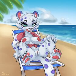 1:1 animal_crossing anthro beach beach_chair bianca_(animal_crossing) breasts clitoral_hood clitoris clothing feet felid female fur furry furry_only genitals hi_res humanoid_genitalia humanoid_pussy licking licking_lips looking_at_viewer mammal nintendo nipples palm_tree pantherine pawpads presenting presenting_pussy pussy seaside shirt siroc sitting snow_leopard solo spread_legs spreading tail tied_shirt toes tongue tongue_out topwear tree video_games