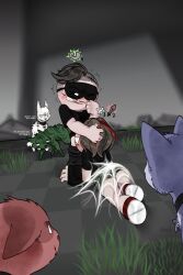 butch_(mewgenics) character chibi clothed_sex collar dialogue dyed-hair felid feline female grass group heart heart-shaped_pupils implied implied_oral looking_pleasured male male/female mask masked_male mewgenics original penetration scar status_effect sunstr0k9 sword text webbed