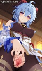 1girls ai_generated blue_hair ganyu_(genshin_impact) genshin_impact looking_at_viewer open_pussy purple_eyes pussy pussy_juice shineinsfw smile solo uncensored wet wet_pussy
