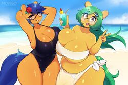 2girls 3mangos beach belly big_breasts blue_hair blush breasts chubby chubby_female circular_glasses cleavage drink equid equine female female_only furry glasses green_hair hands_behind_head huge_breasts looking_at_viewer my_little_pony one-piece_swimsuit overweight overweight_female rose rose_(flower) smile swimsuit swimwear tagme_(character) tail thick_thighs thighs v