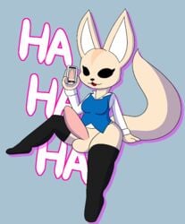 2d aggressive_retsuko anthro balls canid canine clothing fennec fenneko fox furry furry_futa furry_intersex furry_only futanari genitals gynomorph intersex legwear mammal nightfire office_futa penis sanrio smooth_skin solo stockings text