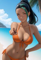 1girls ai_generated beach bikini civitai female looking_at_viewer nemona_(pokemon) orange_bikini pointing_at_viewer pokemon ponytail solo video