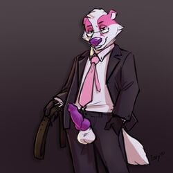 1:1 2020 anthro badger balls belt erection eyewear fur genitals glasses hi_res izvy_(artist) laguna_crale looking_at_viewer male male_only mammal multicolored_body multicolored_fur mustelid musteline necktie penis pink_body pink_fur purple_nose purple_penis simple_background smile solo two_tone_body two_tone_fur white_body white_fur