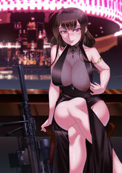 1girls anti-materiel_rifle armlet bar bedroom_eyes breasts brown_hair cocktail_dress curvaceous curvy dress dsr-50_(girls'_frontline) elegant female female_only flashing formal girls'_frontline gun large_breasts light-skinned_female necklace nipple_slip no_bra radrick0 red_eyes rifle scope seducing seductive seductive_eyes seductive_look seductive_smile short_hair showing_off sniper_rifle tagme voluptuous weapon