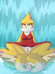 absurd_res anthro buizel clothed clothing digital_media_(artwork) female fur furry furry_only genitals hi_res looking_at_viewer nintendo pawoo pokémon_(species) pokemon pussy sitting smile solo tail video_games