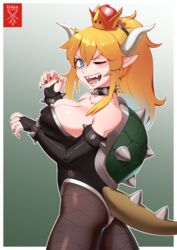 blonde_hair bowsette crown genderswap horns mario_(series) new_super_mario_bros._u_deluxe nintendo ponytail radrick0 simple_background tagme tail