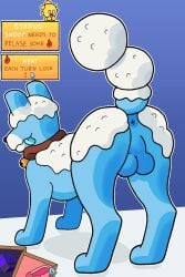 anus balls bell bell_collar blue_body butt canid canine canis card collar domestic_dog elemental_creature feral genitals hi_res information looking_away lotnik5 male mammal mineral_fauna presenting presenting_anus raised_tail rear_view shaded simple_background simple_shading snoof_(wildfrost) snow snow_creature solo tail text tongue tongue_out toony wildfrost