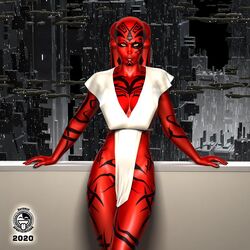 1girls alien alien_girl black_fingernails city cityscape cleavage clothed clothing darth_hell darth_talon female female_only leaning leaning_back lethan_twi'lek looking_at_viewer outdoors railing red_lips red_skin standing star_wars tattoo twi'lek white_clothing yellow_eyes